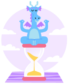 micro meditation, cartoon dragon sitting on red hourglass.